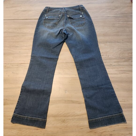 Gitano Flared Jeans Boho Blue Denim Flap Button Pockets Unique Womens 10 EUC - Picture 7 of 12